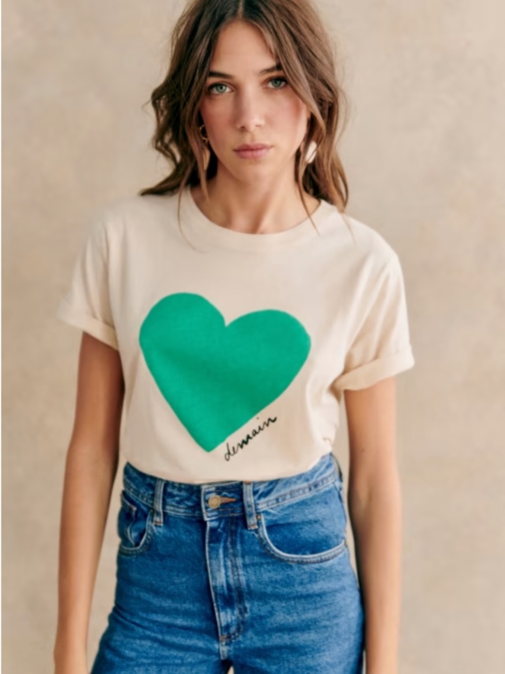 Sezane Coeur Demain T-shirt - Solidarity Creation Cream/green - Size S